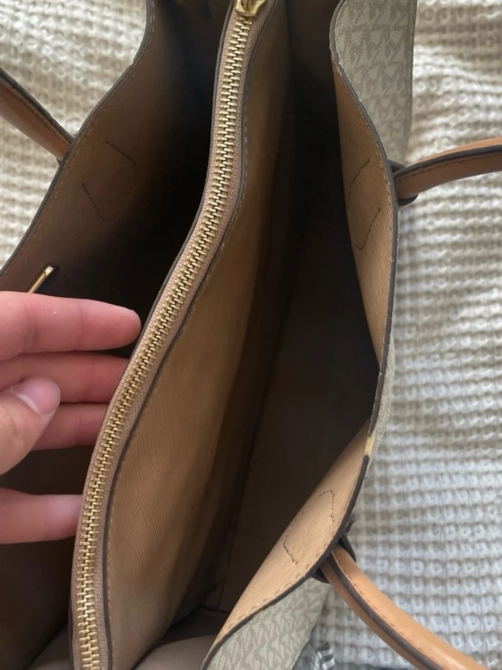 Michael Kors Beige Signature MK Tote with Brown Leather Handles